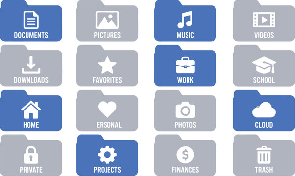 Computer file system icons for organization and storage.