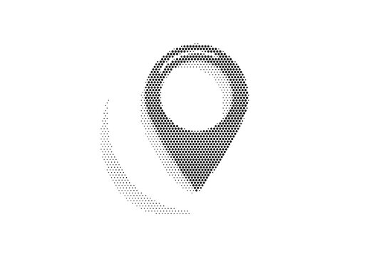 Monochrome black white dotted texture pattern displaying route travel direction geography navigation destination location pointer marker map pin.
