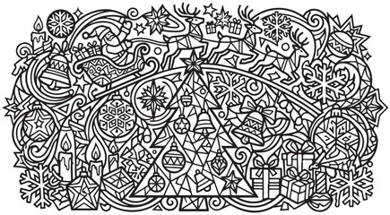 Christmas doodle illustration with Santa Claus reindeer and decorated tree for holiday coloring page © Andikia