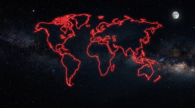 Glowing red world map outline against a starry night sky with moon