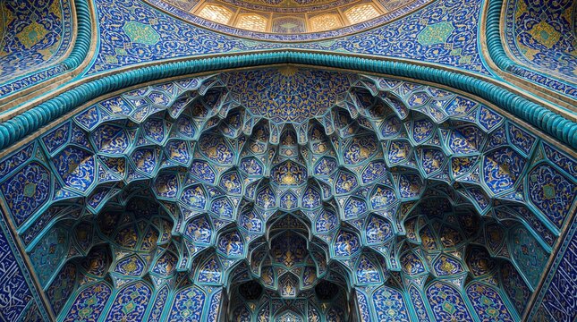 Persian Muqarnas Honeycomb Vaulted Ceiling Blue Gold