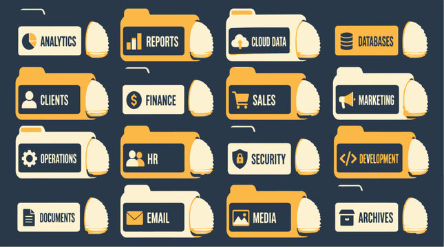 Collection of file folders with business and technology labels.
