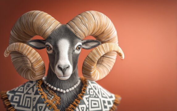 Artistic Representation of Ram with Massive Curling Horns in Folk Style