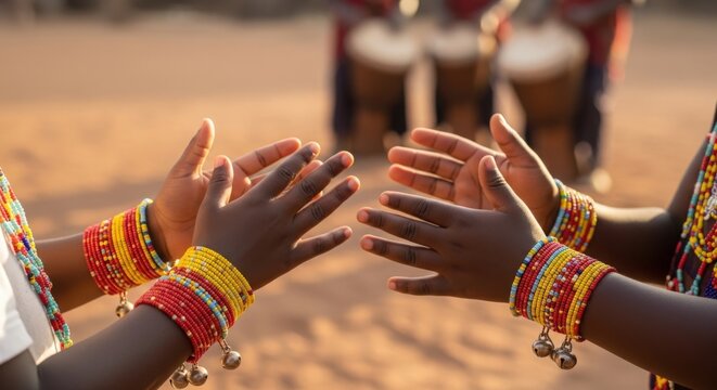 Traditional dance celebration with children clapping hands adorned with colorful jewelry. Cultural event showcases joy and community spirit among participants engaging in rhythmic performance.