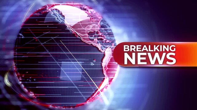 Red Digital Earth Globe Rotation with Breaking News Broadcast Background
