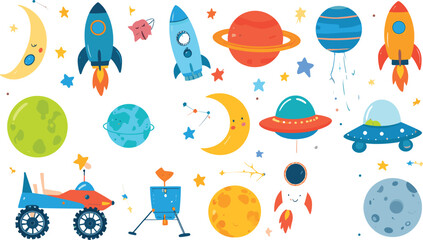 Cute Outer Space Vector Illustration Set Featuring Colorful Rocket Ships Planets Stars Spaceships and Moon Characters for Kids Nursery and Astronomy Designs © Roymohan