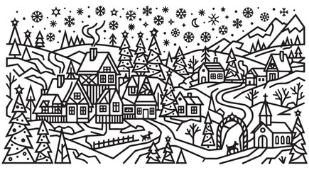 Fototapeta premium Black and white line art vector of a winter village landscape with snowy mountains, pine trees, houses, and snowflakes for coloring book page