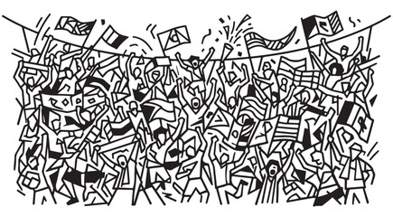 Obraz premium Black and white line art illustration of a cheering crowd waving flags at a sports event or protest rally