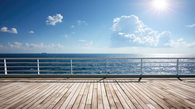 Sunlit wooden deck overlooks vast ocean with distant ship