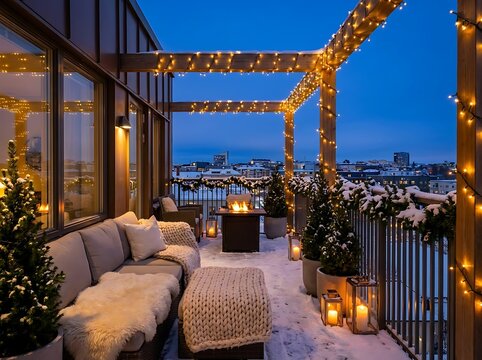 Stunning winter terrace with fire pit and fairy lights overlooking city skyline.