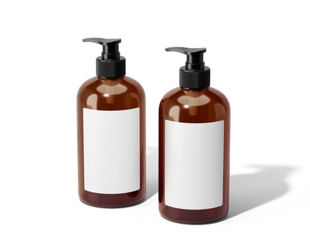 Amber Cosmetic Pump Bottle with white label, shampoo bottle, soap bottle Isolated On Transparent Background, Prepared For Mockup.