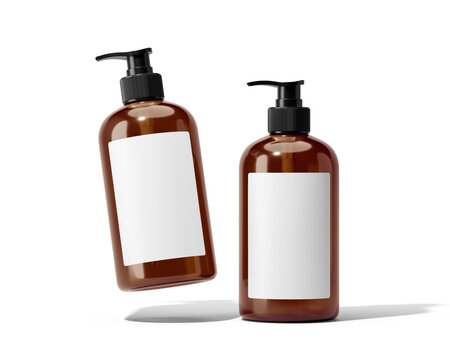 Amber Cosmetic Pump Bottle with white label, shampoo bottle, soap bottle Isolated On Transparent Background, Prepared For Mockup.