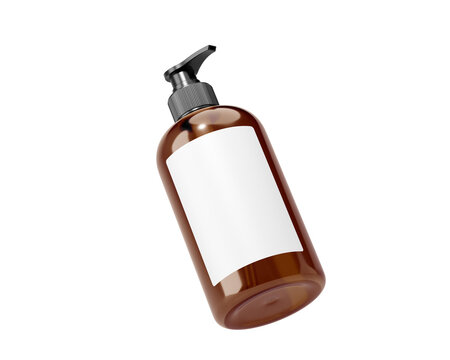 Amber Cosmetic Pump Bottle with white label, shampoo bottle, soap bottle Isolated On Transparent Background, Prepared For Mockup.