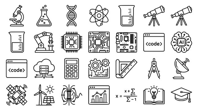 Science technology engineering and mathematics STEM education line icon set containing laboratory research robotics coding computer hardware and academic symbols vector