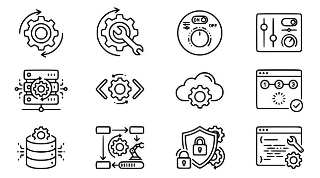 Collection of information technology configuration line icons system settings database server and automated workflow symbols isolated on white background vector illustration