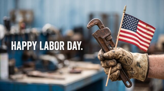 Happy Labor Day greeting concept featuring industrial worker dirty glove holding heavy pipe wrench tool and USA American flag in mechanical workshop garage background for commercial design.