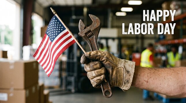 Happy Labor Day concept with worker hand in glove holding american flag and wrench in warehouse background. Commercial stock image for national USA holiday celebration promotion and banner.