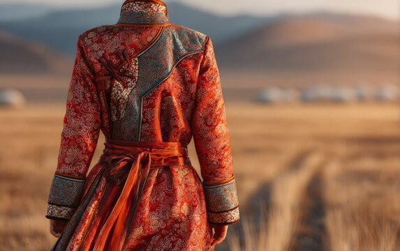Woman in Traditional Mongolian Deel Coat Walking Across a Golden Landscape