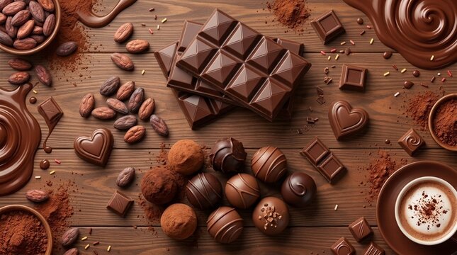 World chocolate day. Gourmet Chocolate Assortment with Bars Truffles and Cocoa Beans on Wood