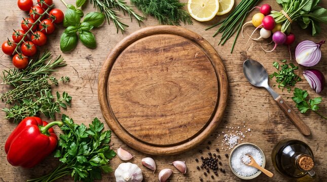 Empty round wooden cutting board cooking background with fresh vegetables. Top view frame of cherry tomatoes, bell pepper, garlic, onion, herbs, olive oil, salt spoon.