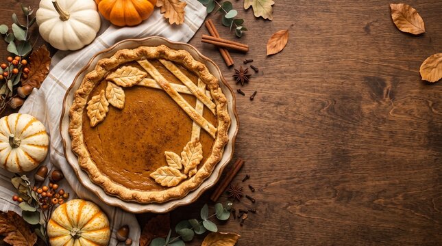 Autumn baking background with homemade pumpkin pie on dark rustic wooden table. Festive Thanksgiving dessert decorated with pastry leaves, cinnamon sticks and mini pumpkins. Top view.