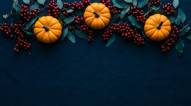 Autumnal pumpkins, red berries, and green leaves on dark background, seasonal decoration, fall arrangement, harvest display Halloween