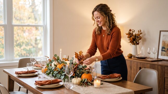 Smiling young woman in orange sweater decorating dining table with autumn pumpkins and eucalyptus leaves centerpieces. Happy female hosting festive Thanksgiving dinner party at home.