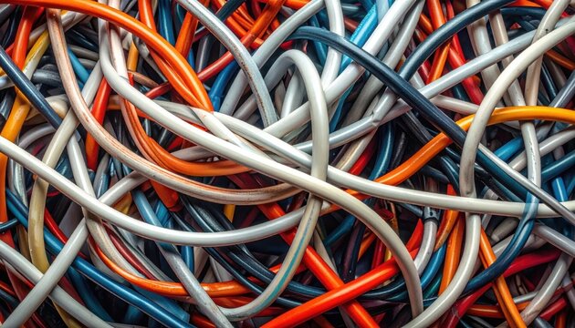 Colorful tangled cables and wires in chaotic mass.