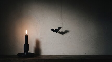 Minimalist Halloween background with burning single black candle and decorative paper bat casting a spooky shadow on white wall. Moody aesthetic holiday decoration for dark mysterious concept.