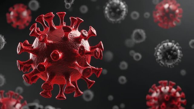 Red viral cells floating in dark medical space with motion blur for scientific animation project footage