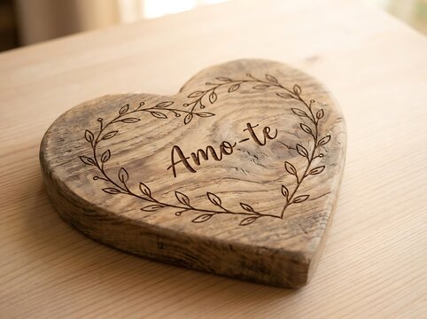 Heart shaped wooden board with engraved romantic message amo te engraved romantic valentines decoration affection sentiment anniversary ornament keepsake tabletop interior handmade