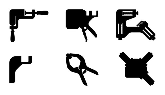 Set of 6 Black Silhouette Clamp Icons, Woodworking Tools, DIY Hardware, Vector Graphics