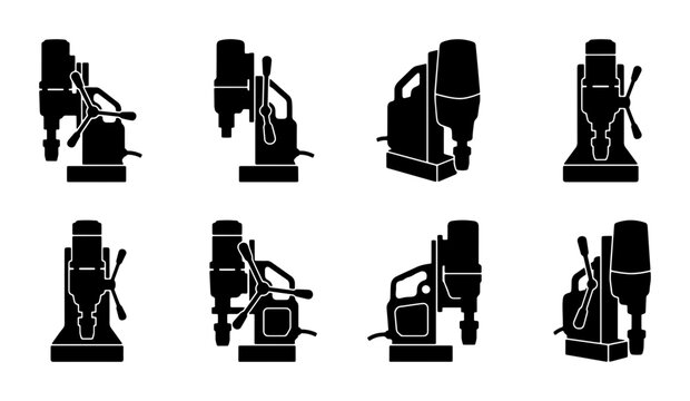 Magnetic Drill Press Icons, Industrial Drilling Machine Silhouettes, Metalworking Tools Set