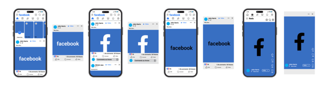 Facebook post template. Smartphone facebook post, story, reel layout. Facebook mockup and template. Vector illustration of social media apps.