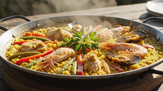 Paella pan with shrimp, mussels, rice, peppers and herbs steaming outdoors. Paella idea shown via seafood paella framing and classic paella cues for menu design, recipe cards, social concepts
