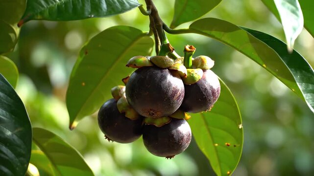 Mangosteen cluster on tree branch with green leaves in soft daylight. Mangosteen theme supported via mangosteen fruit wording and purple mangosteen cues for marketing, education, social concepts.