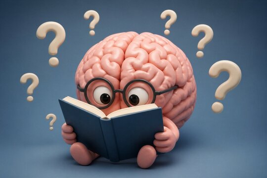 A cartoon brain with large eyes and glasses sits and reads a blue book. The brain looks curious and is surrounded by several question marks. The scene takes place on a plain blue background.