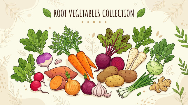 Colorful root vegetables food collection.