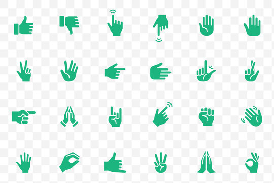 Hand gesture filled icon set &ndash; thumbs up, thumbs down, finger heart, peace sign, raised palm stop, fist bump, pointing finger, OK sign, clap hands, clenched fist emoji symbols