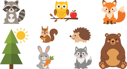Naklejka premium Cute Woodland Forest Animals Vector Illustration Set Featuring Kawaii Cartoon Bear Fox Raccoon Owl and Rabbit for Baby Nursery and Children Designs