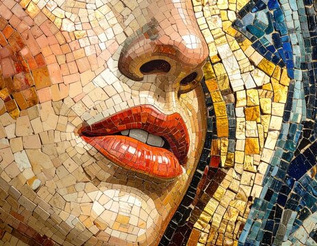 Colorful Mosaic Portrait of Lips and Nose.