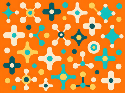 Abstract retro geometric pattern with mid century modern vector shapes on vibrant orange background