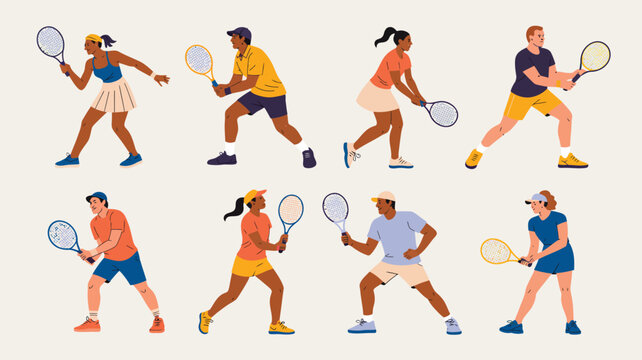 Dynamic tennis illustration featuring eight diverse athletes in colorful outfits performing serves, forehands, backhands, and ready stances, symbolizing energy, sport, and competitive teamwork in vect