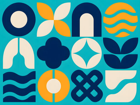Abstract retro geometric pattern with mid century modern vector shapes on vibrant orange background