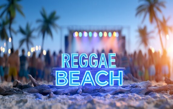 Neon Reggae Beach Sign on Driftwood at Caribbean Music Festival Stage