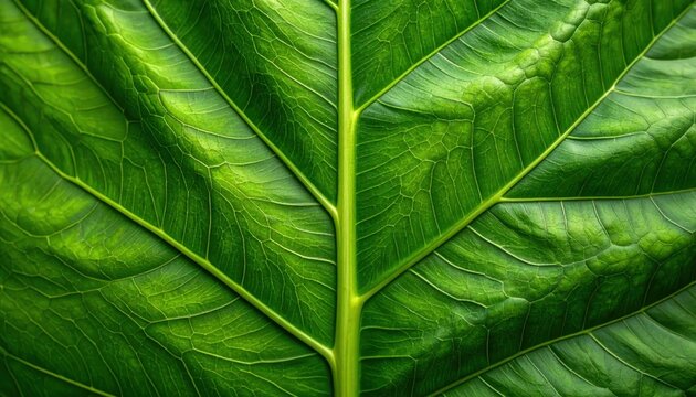 Close Up Vibrant Green Leaf with Visible Veins and Texture.