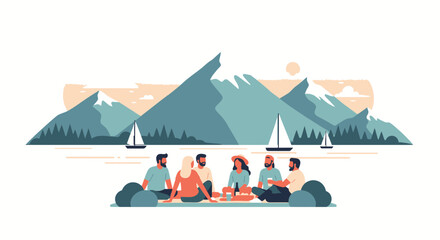Fototapeta premium A diverse group of cheerful friends enjoys a pleasant picnic beside a serene lake while beautiful mountains rise majestically in the distance under a sunny sky during their wonderful summer