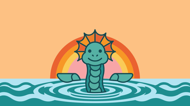 A friendly green sea creature with a frilled neck emerges from rippling ocean waves underneath a vibrant rainbow sunset to bring a sense of joy and wonder to any imaginative storybook project