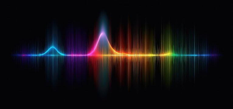 Abstract sound wave spectrum with rainbow light pulses against black background