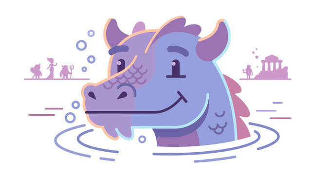A friendly purple mythical beast emerges from the calm water while tiny creatures observe from a distant temple landscape in this imaginative depiction of a gentle giant exploring an ancient